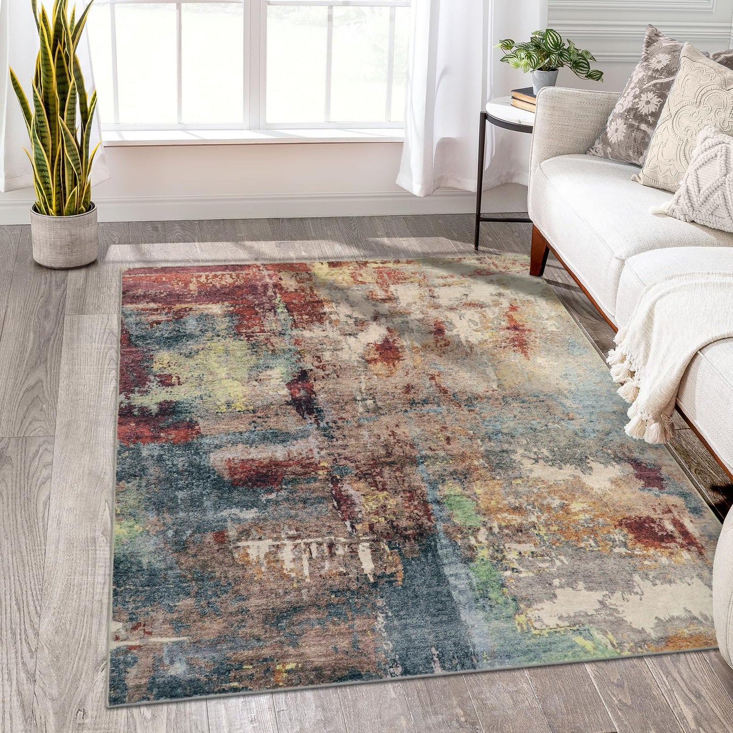 Lahome Modern Abstract 5x7 Area Rugs for Living Room, Washable Bedroom Rug Soft Non Slip Low Pile, Faux Wool Contemporary Carpet for Indoor Floor Decor Home Office Dining Room,Red/Multi