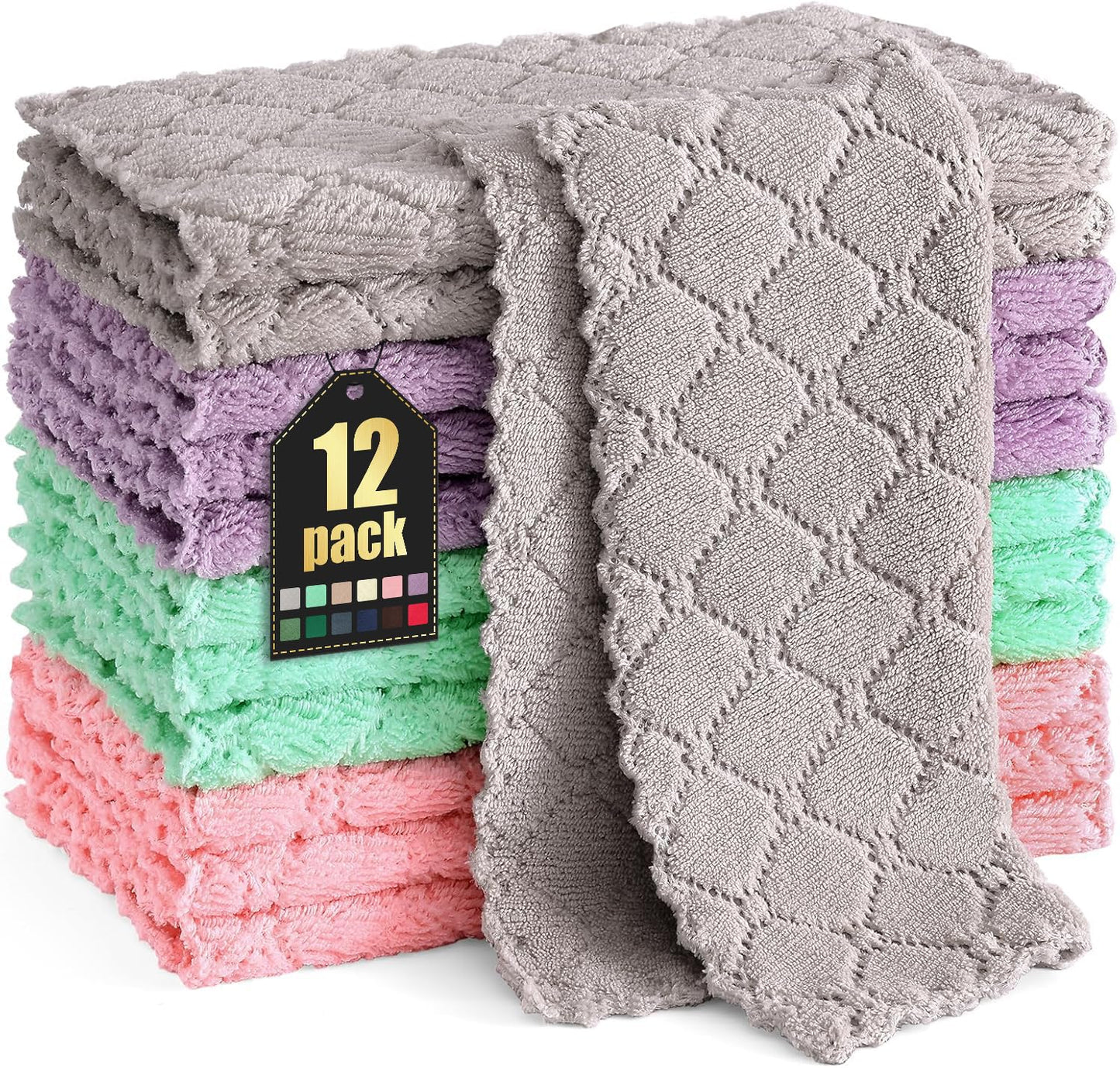 Homaxy 12 Pack Kitchen Dish Cloths (10 x 10 Inches, Grey), Super Soft and Absorbent Coral Velvet Dish Towels, Nonstick Oil Fast Drying Microfiber Cleaning Cloth, No Lint Household Dishcloths