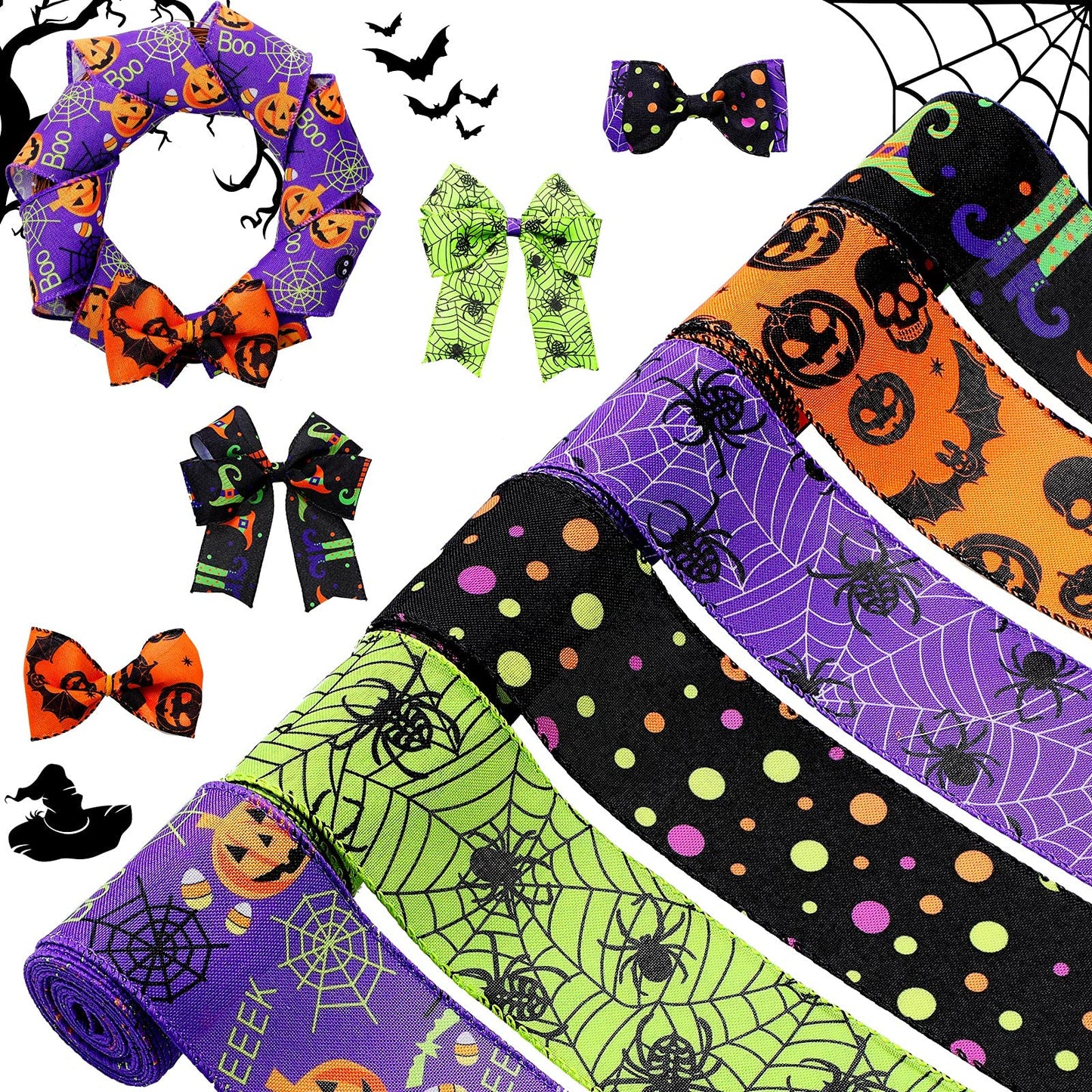 Chuangdi 6 Rolls 30 Yards Halloween Wired Edge Ribbons Bat Spider Web Printed Ribbon Halloween Witch Hat Skull Pumpkin Wired Edge Decoration for Wreaths DIY Crafts Gift Wrapping Supplies