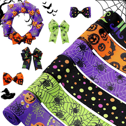 Chuangdi 6 Rolls 30 Yards Halloween Wired Edge Ribbons Bat Spider Web Printed Ribbon Halloween Witch Hat Skull Pumpkin Wired Edge Decoration for Wreaths DIY Crafts Gift Wrapping Supplies