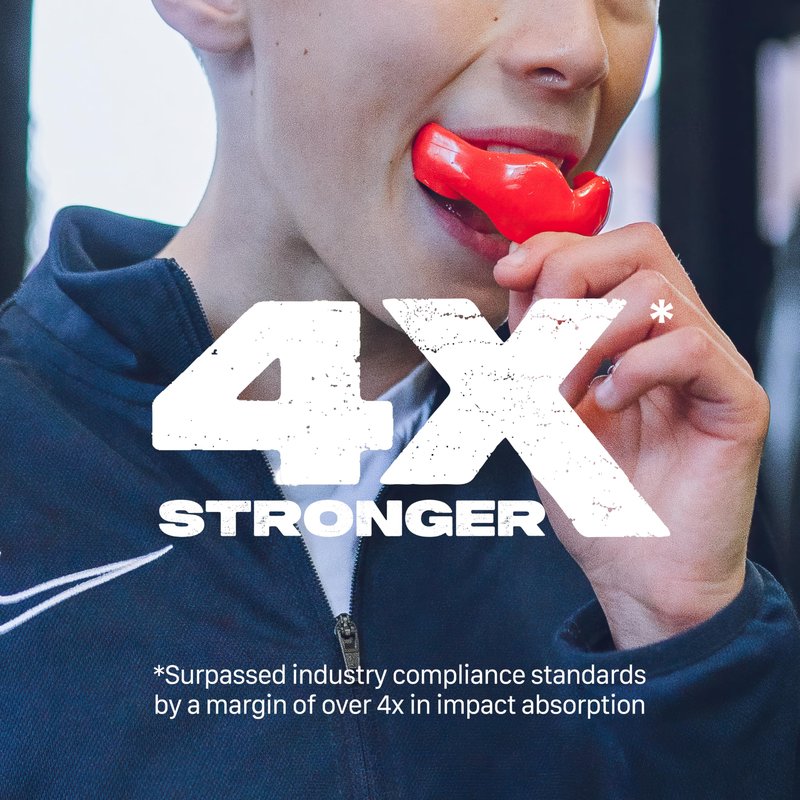 SAFEJAWZ Mouth Guard for Braces, Upper & Lower Protection Mouthguard with Case, Easy Fit Remoldable Mouthpiece for Football, Boxing, Lacrosse, MMA, Basketball & All Contact Sports (One Size, Red)