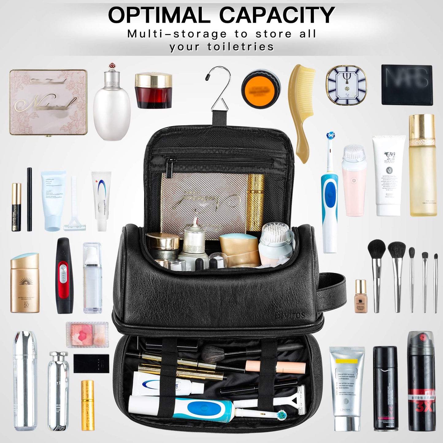 Elviros Toiletry Bag for Mens PU Leather Travel Organizer Kit with Hanging hook, Large Water-resistant Toiletries Bathroom Shaving Bags (Black)