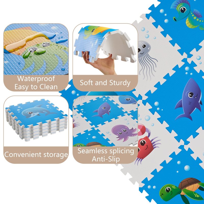 PLAY 10 Puzzle Play Mat, Foam Floor Tiles, Children’s Foam Puzzle Mat Baby Floor Play Mat 34×34 Inches Sea World 9 Pieces, Edge Tooth A