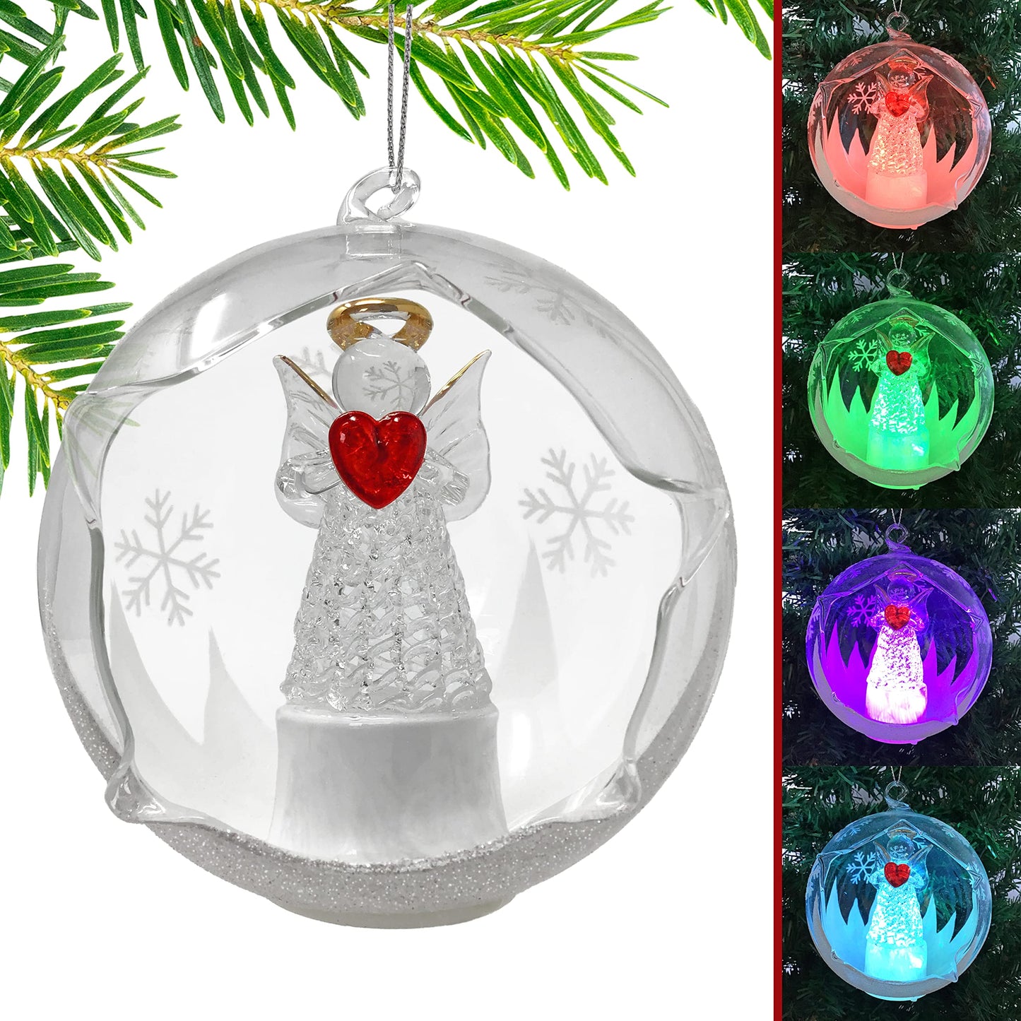 Angel with Red Heart Lighted Christmas Ball Ornaments - Hand Painted Glittery Snowflakes - Color Changing - 4 Hour Timer - 4" Diameter