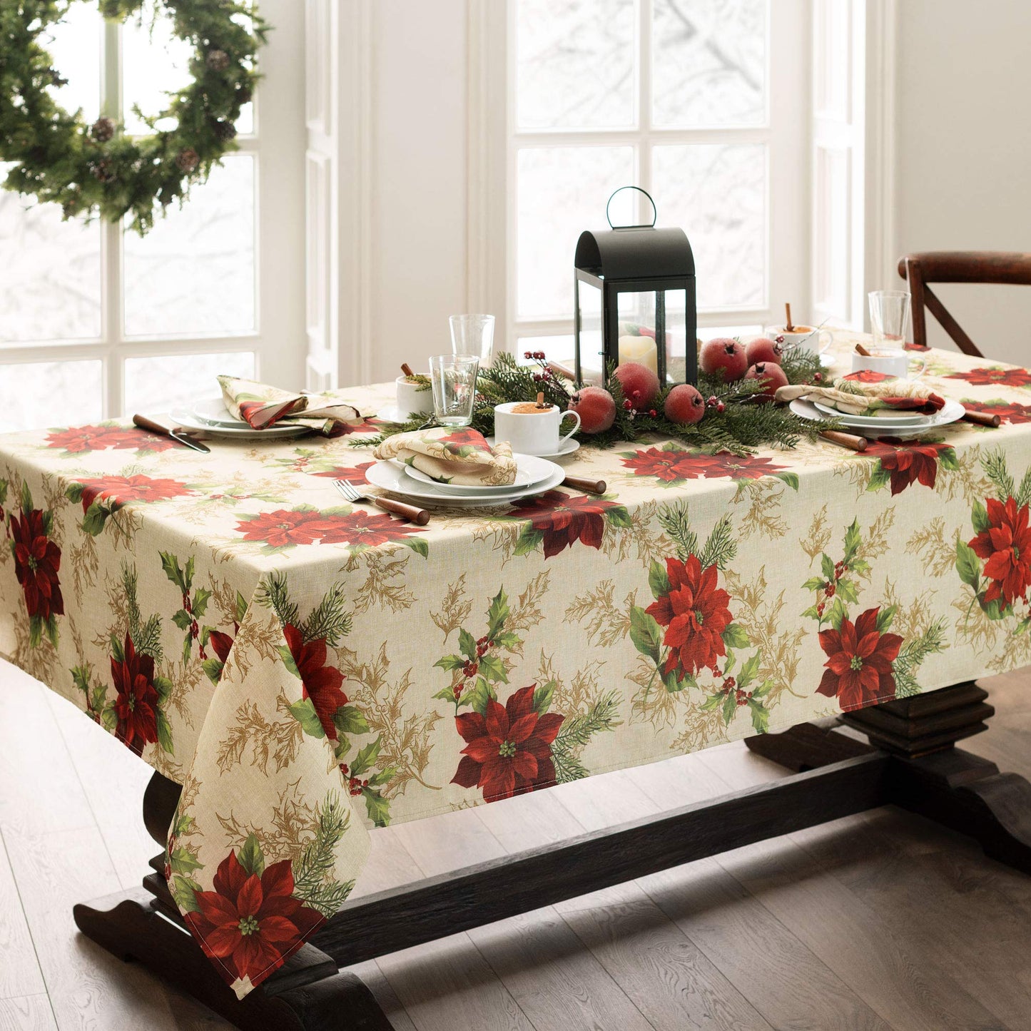Elrene Home Fashions Festive Poinsettia Holiday Wrinkle Resistant Fabric Tablecloth, Multi, 60"x84" Rectangle