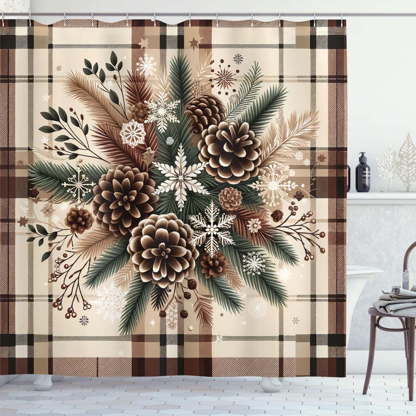 Ambesonne Christmas Shower Curtain, Traditional Xmas Pinecone and Leaves Ornate on Plaid Background Print, Cloth Fabric Bathroom Decor Set with Hooks, 69" W x 70" L, Cocoa Brown Sage Green