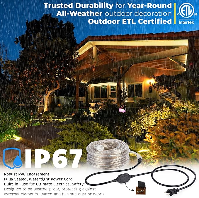 WYZworks 20ft 216 LED Rope Light, Connectable Waterproof Permanent Outdoor Clear PVC Tube, ETL Certified, Christmas Trees Holiday Decorative Landscape Backyard Patio Accent Decor Lighting - Warm White