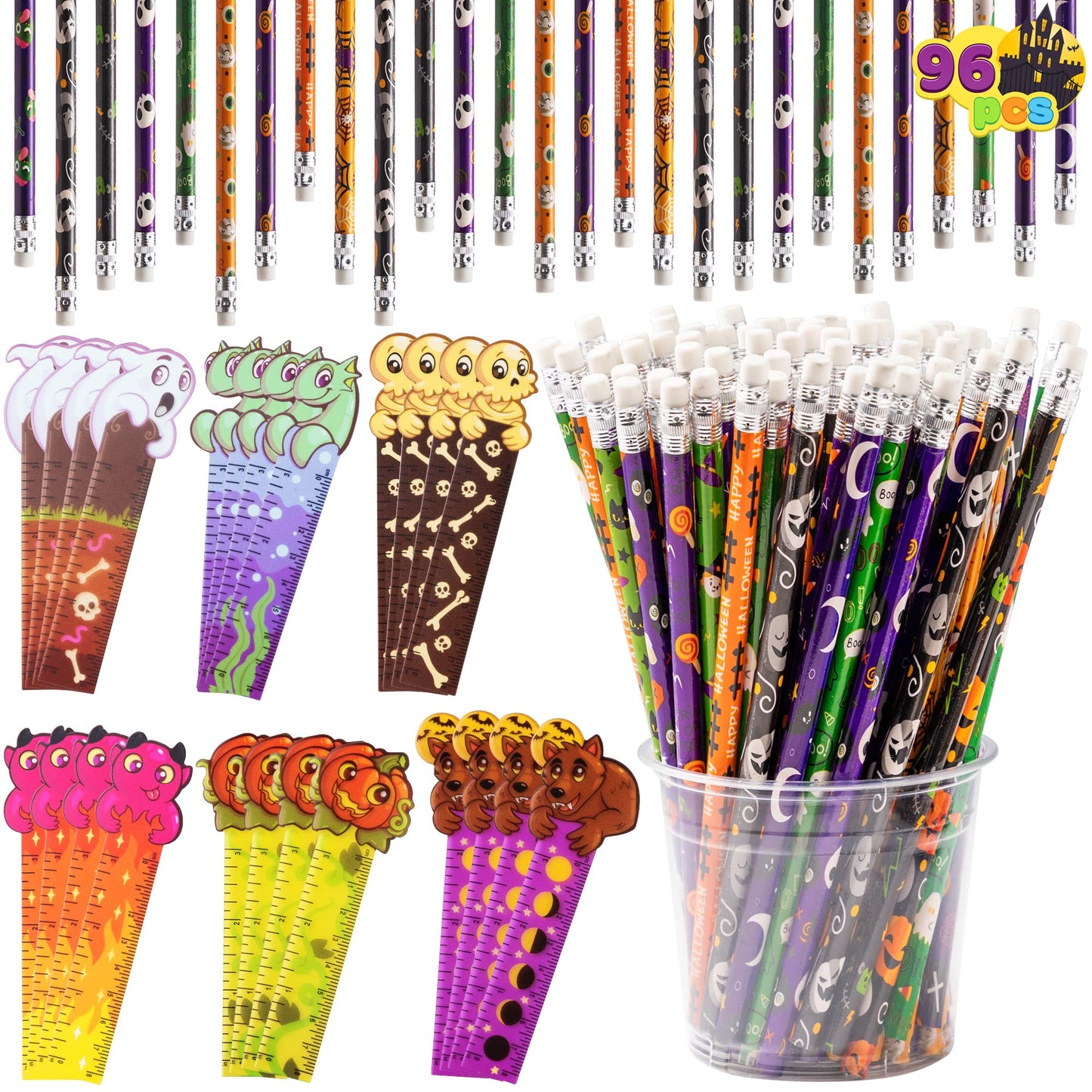 JOYIN 96 Pcs Halloween Pencils and Rulers Stationery Set Included 48Pcs Assorted Pencils with 12 Designs, 48Pcs Halloween Bookmarks Bulk with 6 Patterns for Kids Party Favors Supplies,Non Candy Treats