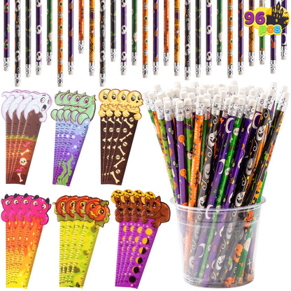JOYIN 96 Pcs Halloween Pencils and Rulers Stationery Set Included 48Pcs Assorted Pencils with 12 Designs, 48Pcs Halloween Bookmarks Bulk with 6 Patterns for Kids Party Favors Supplies,Non Candy Treats
