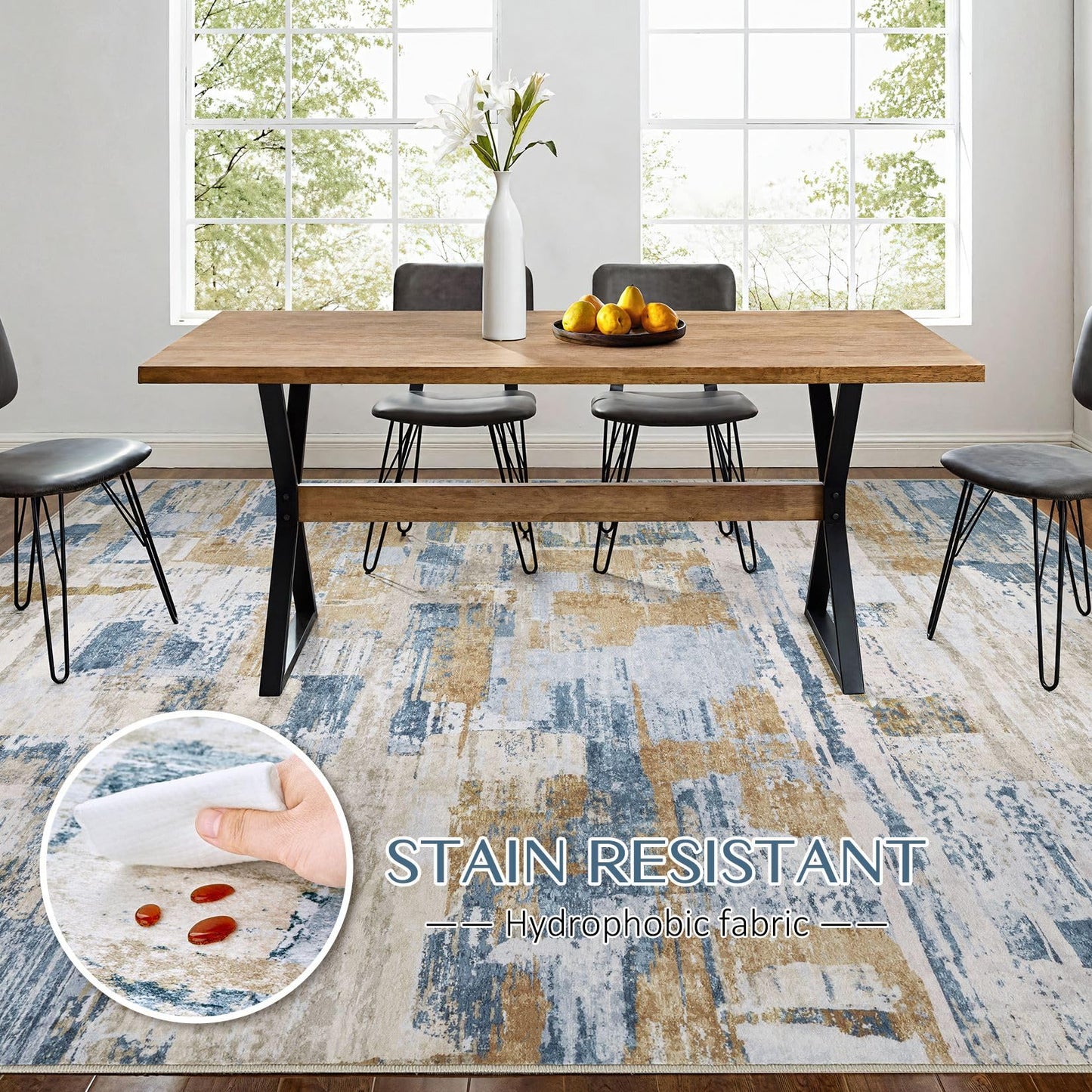 kakania 6x9 Washable Area Rug - Abstract Soft Non-Slip Modern Low-Pile Carpet for Living Room Bedroom Office Dorm, Kid Pet Safe Robot Vacuum Friendly - Blue