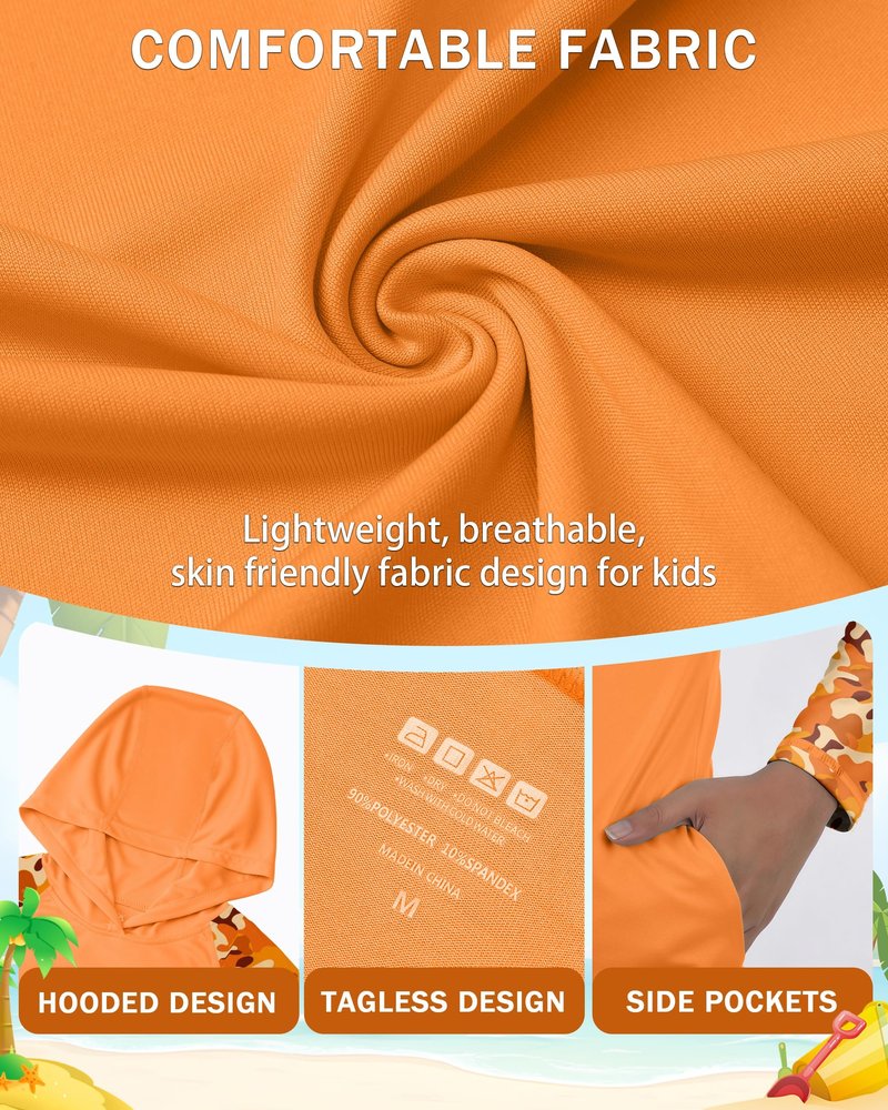 DRONIRING Boys Rash Guard Swim Hoodie, UPF 50+ UV Sun Protection Long Sleeve Fishing Shirt, Kids Youth SPF Water Shirts Bright Orange