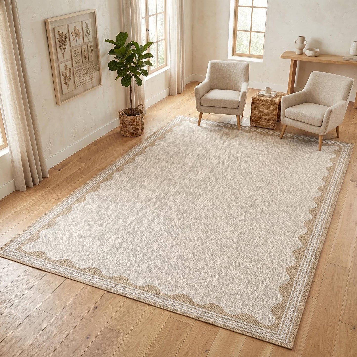 Garvee Entryway Rug 3x5 Washable Bordered Modern Rug Foldable Low Pile Stain-Resistant Carpet Ultra Soft Non Slip Lightweight Rugs Indoor Non-Shedding Mat for Kitchen Bedroom Nursery Entrance Beige