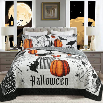 MarCielo 3 Pcs Halloween Themed Quilt Bedspread Set - Cozy and Spooky Pumpkin and Ghost Pattern (Halloween, Queen)