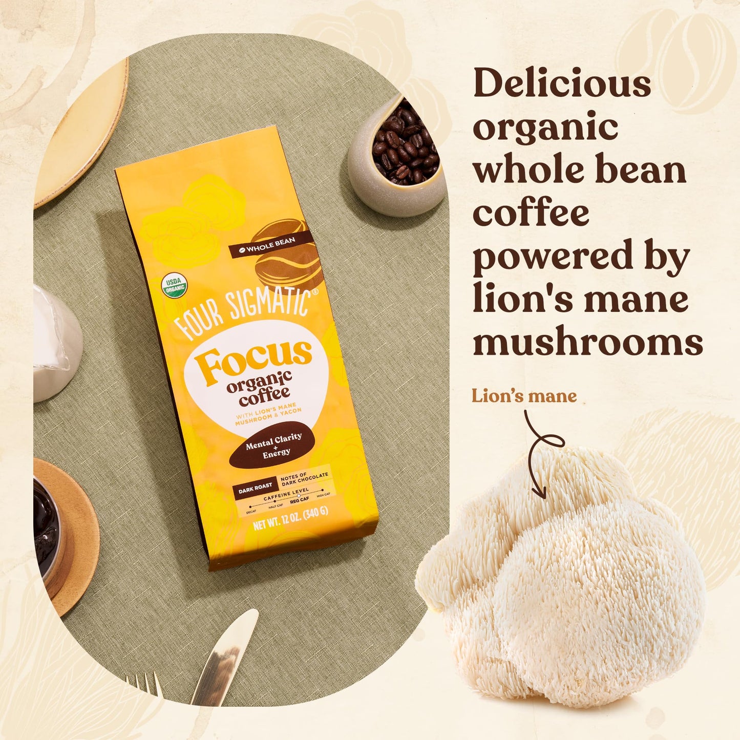 Four Sigmatic Dark Roast Organic Whole Bean Coffee | Gourmet Nootropic Mushroom Coffee Beans with Lion's Mane & Chaga Mushrooms for Enhanced Brain Function and Immune Support | 12oz