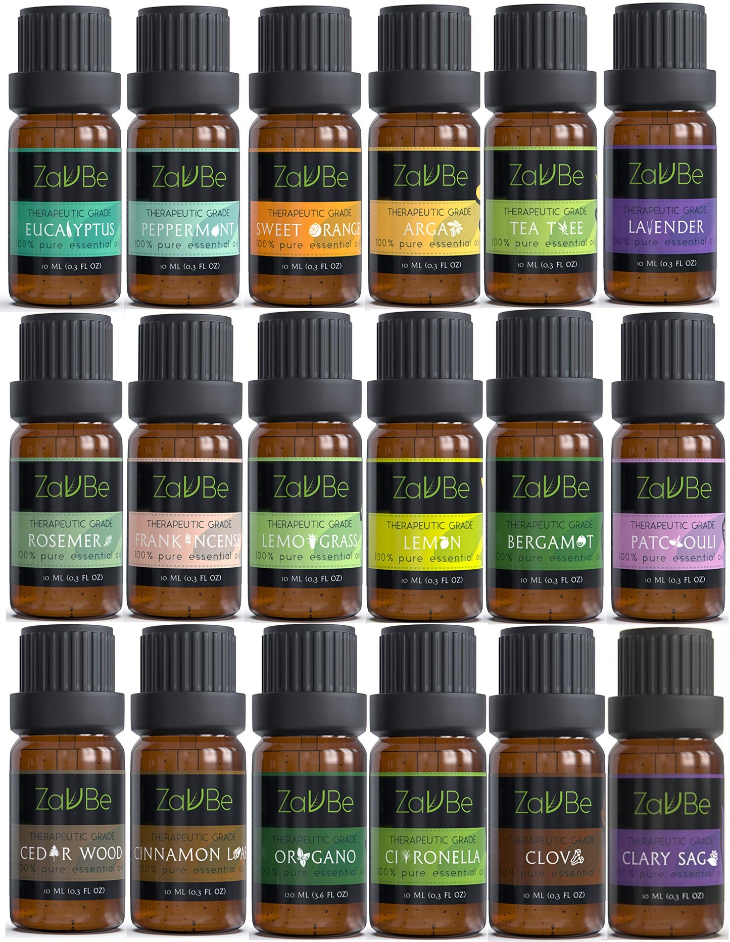 MABUA 18 Essential Oil Set with 20 Holes Case 100% Diffuser Lavender Lemon Peppermint TeaTree Argan Frankincense Bergamot Lemon
