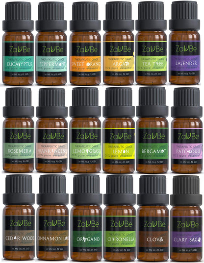 MABUA 18 Essential Oil Set with 20 Holes Case 100% Diffuser Lavender Lemon Peppermint TeaTree Argan Frankincense Bergamot Lemon