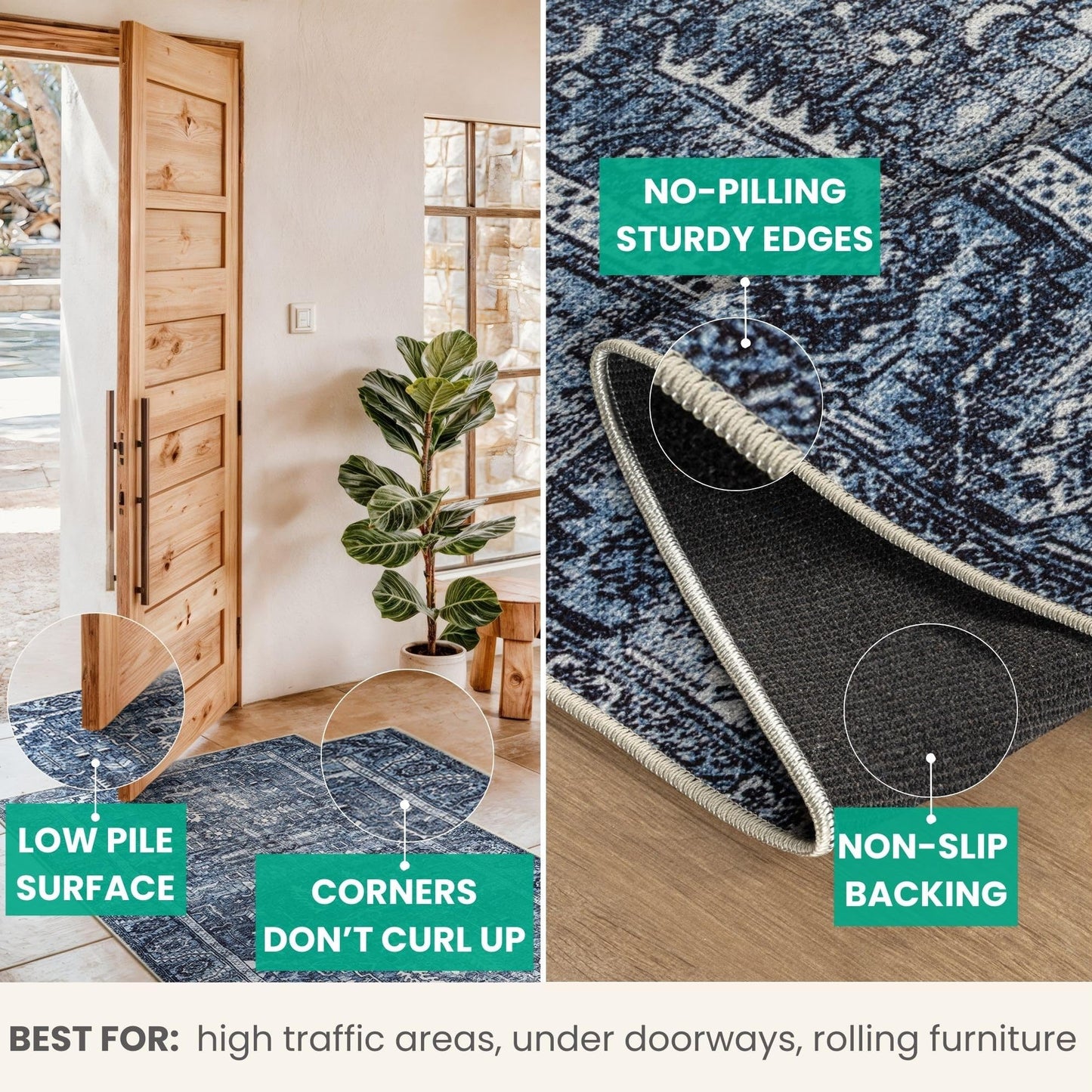 Bloom Rugs Washable Non-Slip 4' x 6' Rug - Blue Traditional Area Rug for Living Room, Bedroom, Dining Room, and Kitchen - Exact Size: 4' x 6'