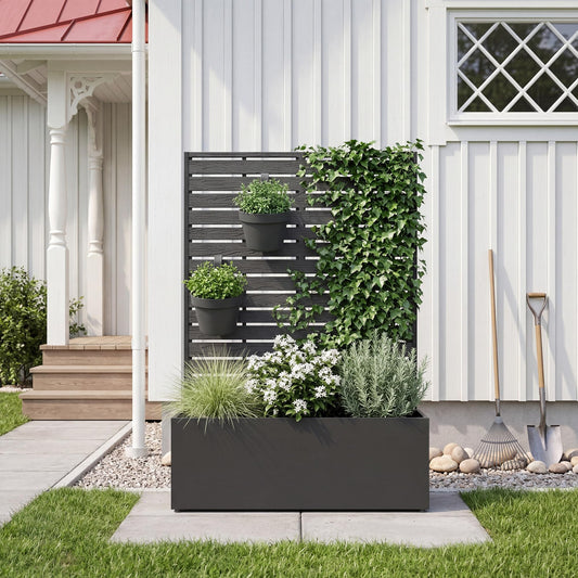 seethmi Metal Raised Garden Bed with Trellis, 35"x16"x47" Planter Box for Vegetables & Climbing Plants, Outdoor HDPE Privacy Screen Planter with Drainage Holes for Patio, Backyard, Garden