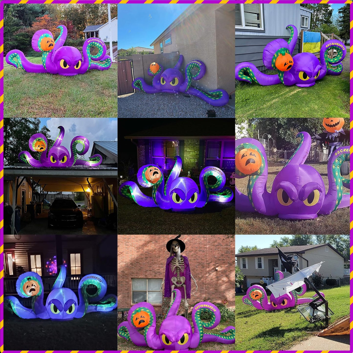 12Ft Halloween Inflatables Giant Octopus Purple Sticky Pumpkin LED Light Blow up Halloween Decor for Carnival Party Store Outdoor Yard Lawn Decorations