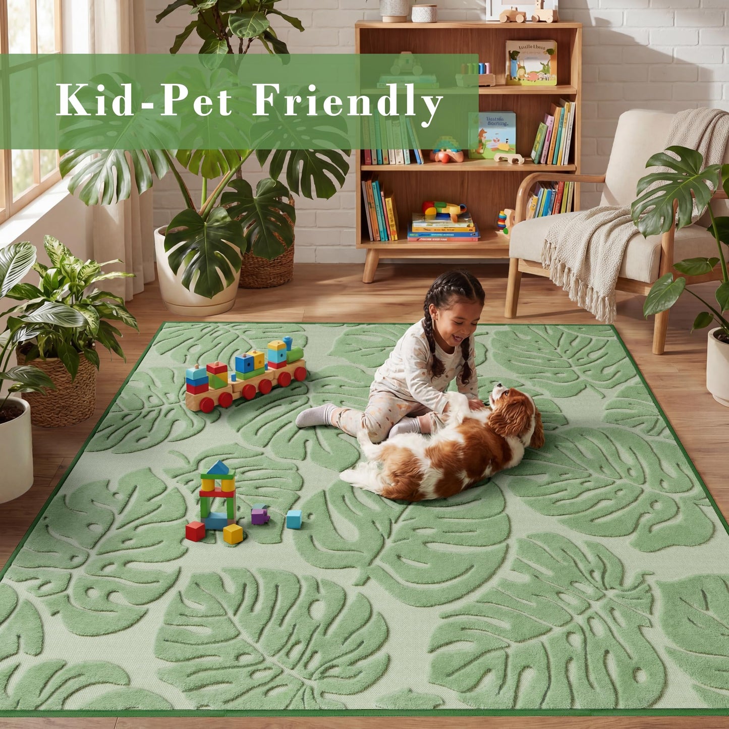 Sage Green Monstera Area Rug 5x7, High-Low Plush Pile Washable Rugs for Living Room Bedroom, Tropical Non Slip Nursery Carpet Soft Indoor Shag Rugs for Dining Room