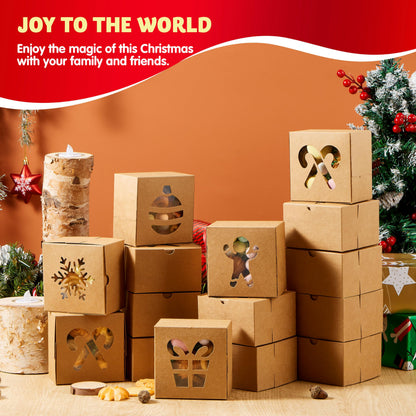 JOYIN 36 PCS Christmas Cookie Boxes for Gift Giving, Brown Bakery Treat Boxes with Window, 4" x 4" x 2.5" Gift Wrap Box for Xmas Holiday Party Favor Pastries, Cupcakes, Donuts, Brownies, Donuts