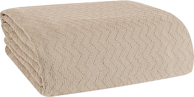 BELIZZI HOME 100% Cotton Bed Blanket, Breathable Thermal Blanket Full - Queen Size, Soft Chevron 90''x90'', Perfect for Layering Any All Season, Beige, Biege, (90''x90'')