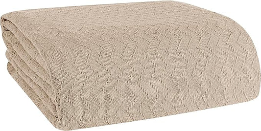 BELIZZI HOME 100% Cotton Bed Blanket, Breathable Thermal Blanket Full - Queen Size, Soft Chevron 90''x90'', Perfect for Layering Any All Season, Beige, Biege, (90''x90'')