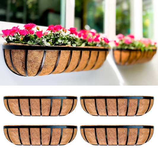 LaLaGreen Fence Planters for Outdoor Plants (24 Inch, 4 Pack) Black Metal Window Boxes Planter To Attach To House, Wall Mounted Flower Coco Baskets Outside Deck Railing Balcony Garden Porch Patio Rail