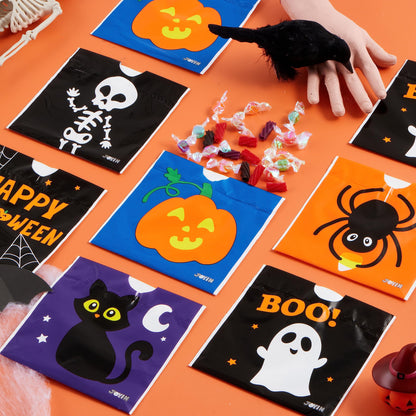 JOYIN 96 Pcs Halloween Drawstring Candy Bags, Small Trick or Treat Goodie Bags Bulk, 6 Designs Halloween Plastic Gift Bag for Kids Trick or Treating, Boys Girls Party Favors Supplies, Classroom Gifts