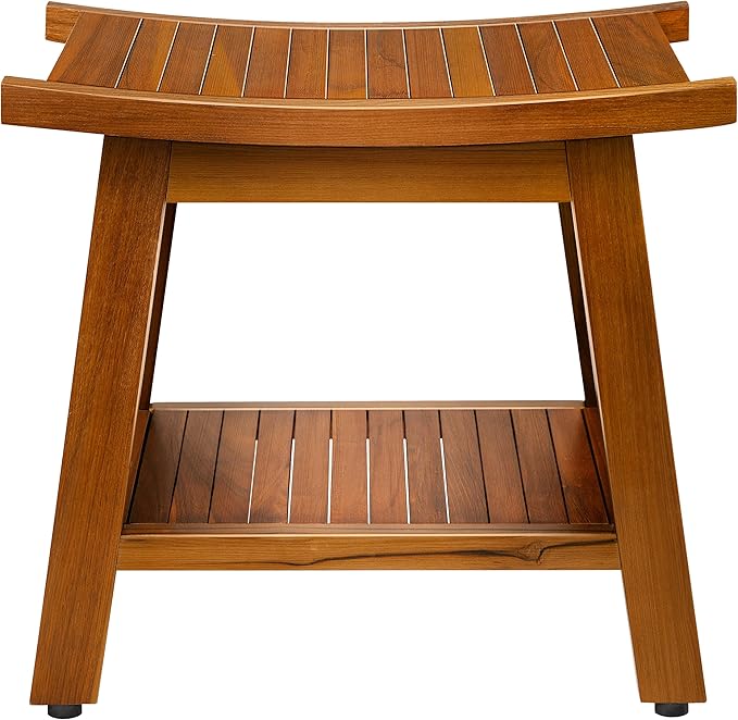 TEAKMAMA 21 Inch Teak Shower Bench with Storage Shelf and Handles, Teak Wood Shower Stool Waterproof Bath Chair for Indoor and Outdoor Use, Bathroom Stools for Adults Sitting