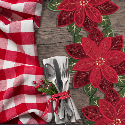 OWENIE Christmas Red Table Runner, Embrodered Velvet Fabric Poinsettia Table Runners for Holiday Table Decor, Small Short Table Runner 36 Inches Long, Red, 13 x 36 Inches