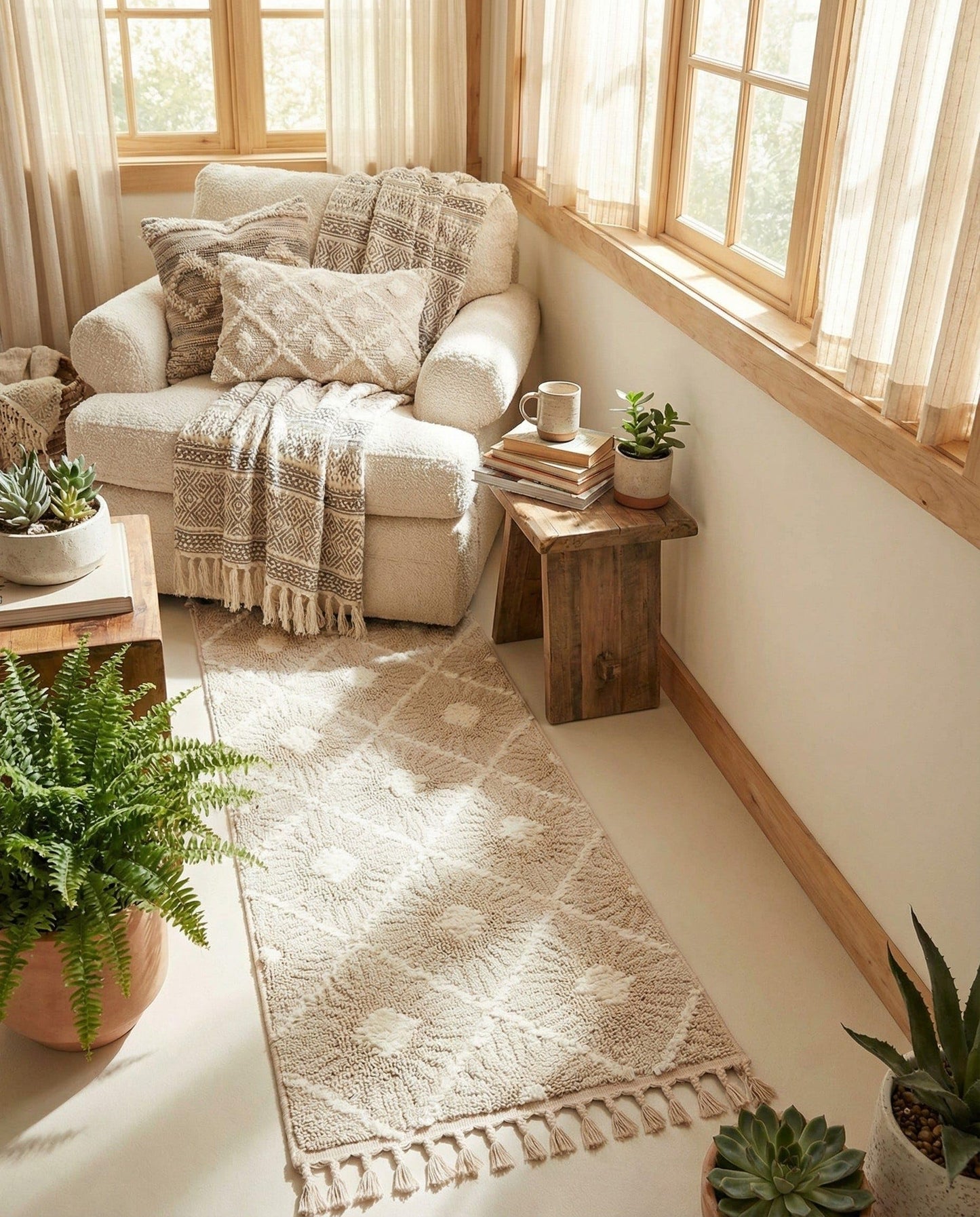 Rugs.com Boho Collection Rug – 6 Ft Runner Ivory Medium-Pile Rug Perfect for Hallways, Entryways