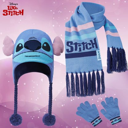 Disney Stitch Girls Beanie Scarf Teenagers Kids Gloves Winter Accessories School Travel Stitch Gifts, Choose from Sets (Blue Stitch 3 Pcs)