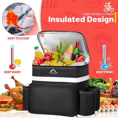 GoHimal Food Delivery Backpack, insulated delivery bags for Delivery Bike, Large Pizza Delivery Bag for HOT/COLD with 4 Pockets Reflective Strip for Uber Eat,Camping & Beach (Black)