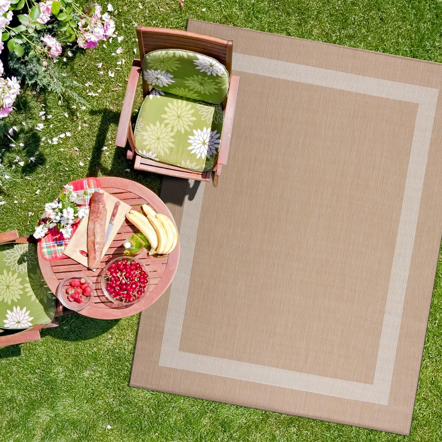 CAMILSON Outdoor Rug 5x7, Modern Outside Rugs for Patios Porches Waterproof Durable Washable Non-Shedding, Easy-to-Clean Indoor Outdoor Area Carpet (5 x 7, Bordered - Beige/White)