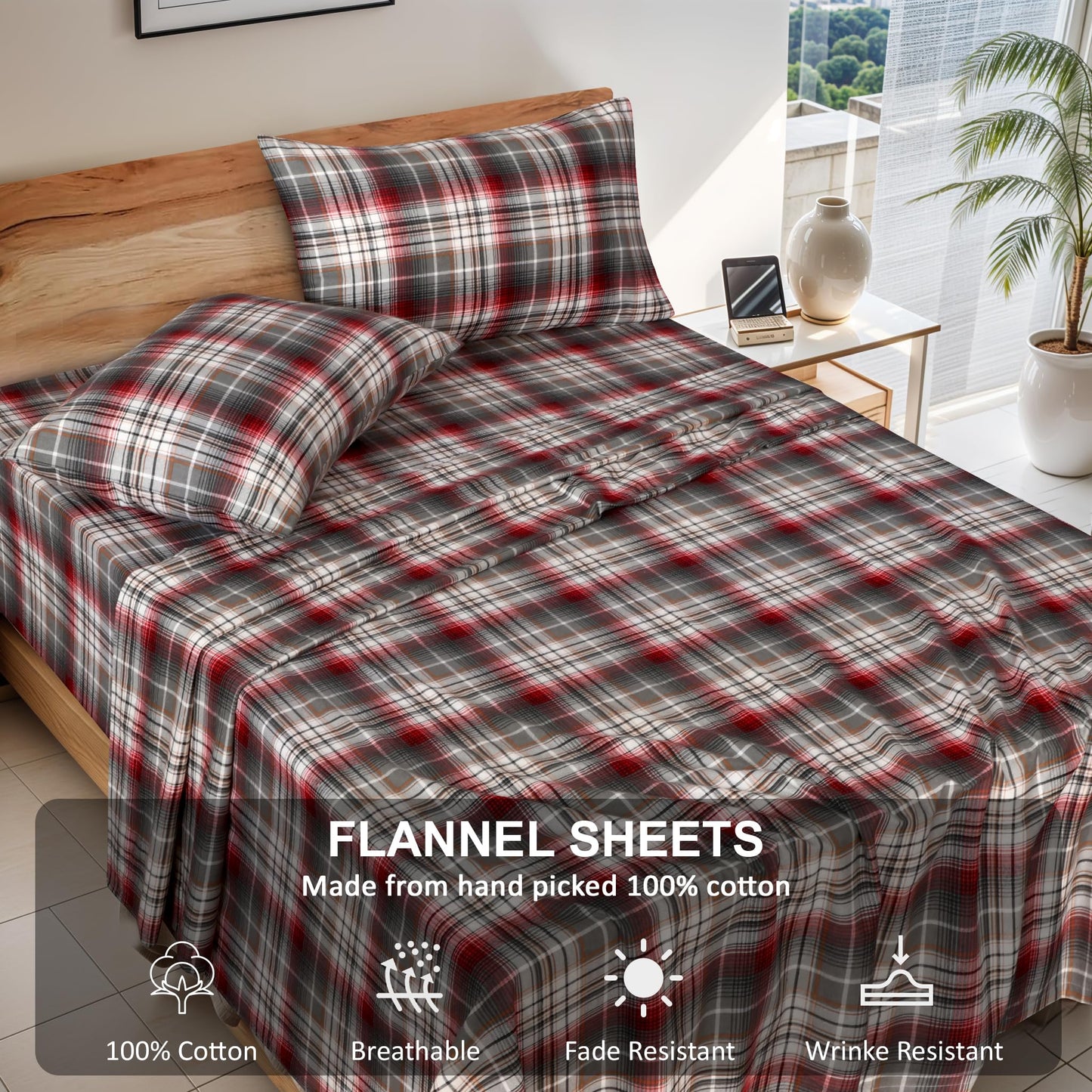 RUVANTI Flannel Sheets King Size - 100% Cotton Brushed King Size Sheets Set - Deep Pockets 16 Inches Bed Sheets - All Seasons Breathable & Extra Soft - Warm & Cozy, 4 Piece, Halloween Check