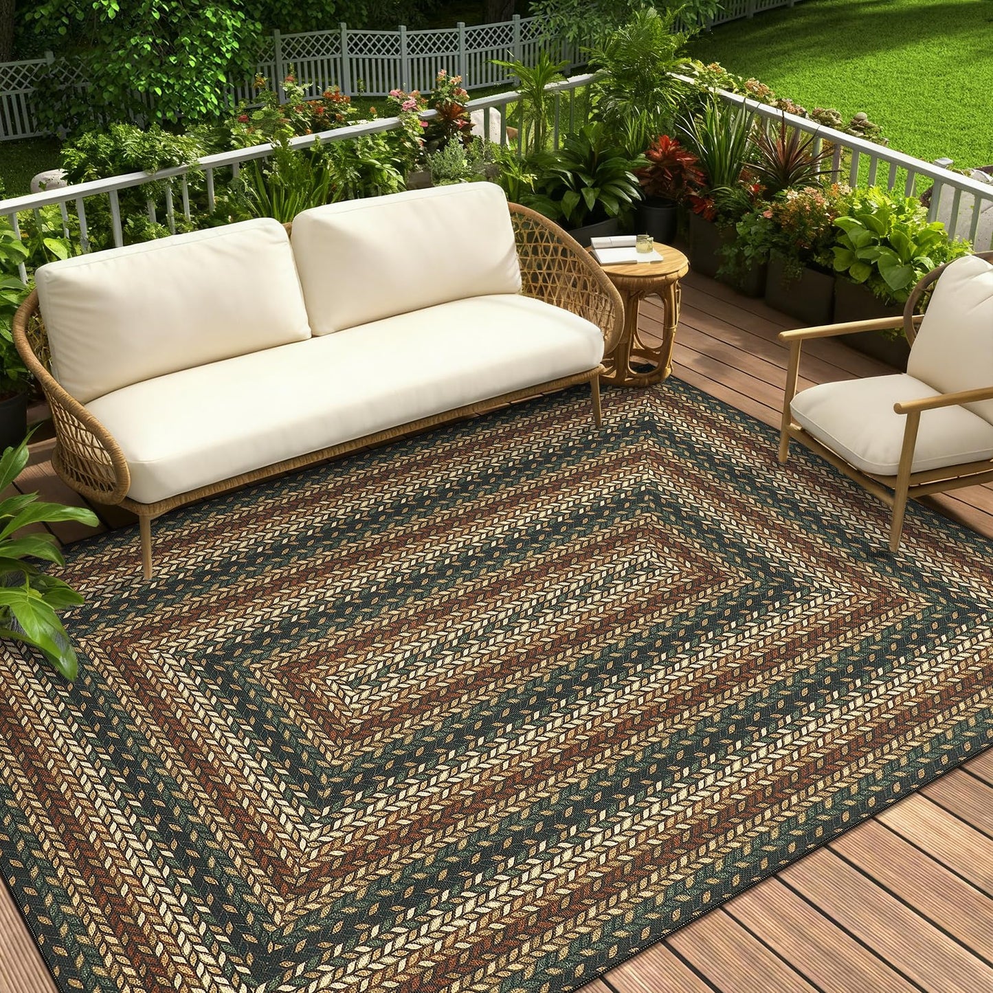 8x10 Washable Living Room Area Rug Non Slip Braided Outdoor Patio Rugs Low Pile Stain Resistant Dining Room Throw Carpet Indoor Outdoor Modern Bordered Area Rugs for Home Decor, Rust/Black