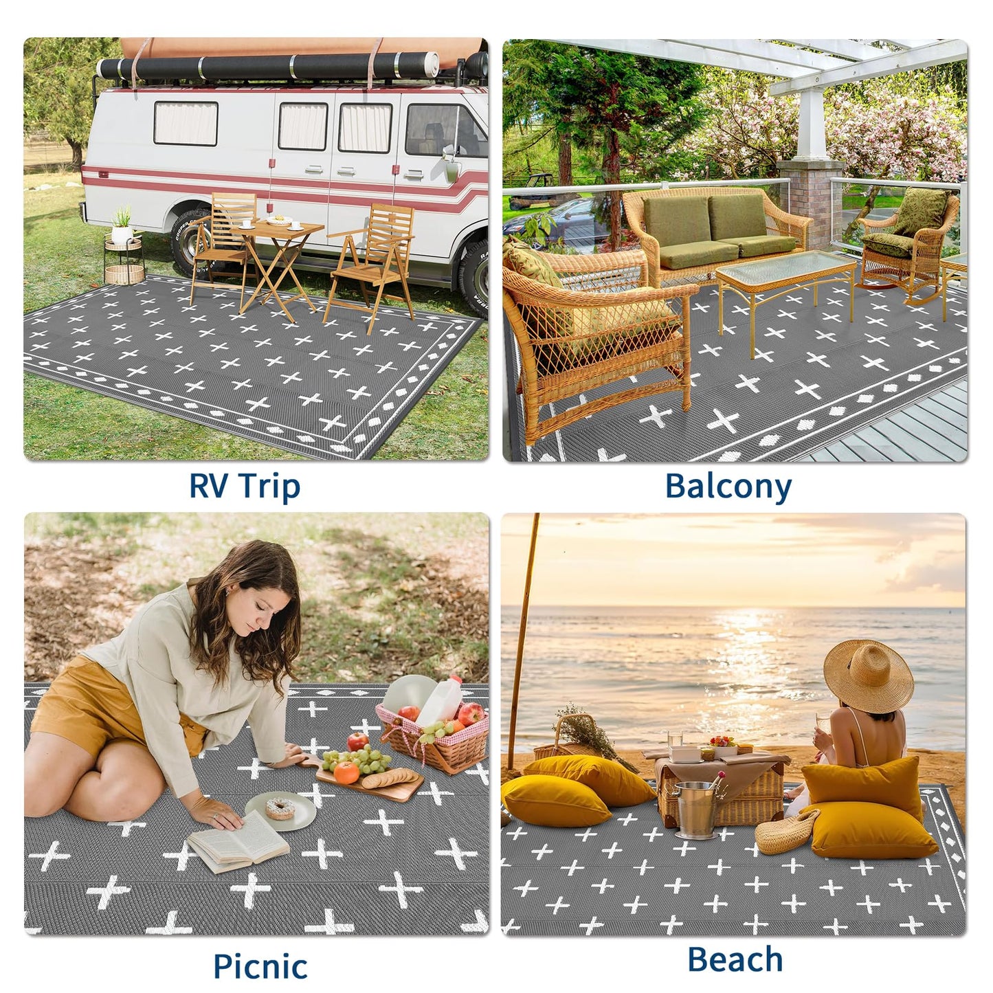 Garvee 8x10 Outdoor Rug, Reversible Waterproof Plastic Straw Patio Mat with Geometric Border Design, Camping & RV Floor Rug for Deck, Balcony, Backyard, Beach and Picnic,Grey