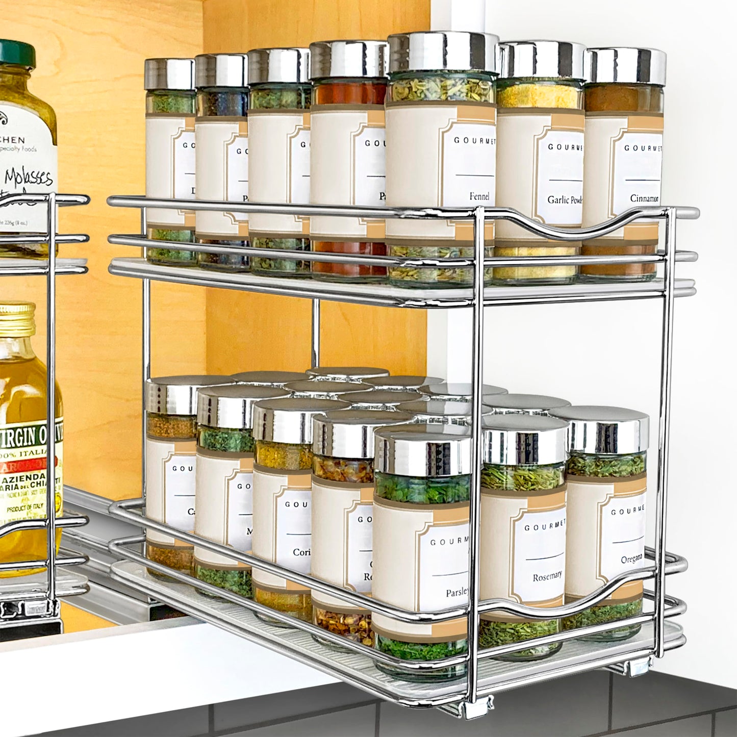 LYNK PROFESSIONAL® Pull Out Spice Rack Organizer for Inside Kitchen Cabinets - 4-1/4 inch Wide - Slide Out Drawer – Chrome Sliding Spice Cabinet Organization Shelf Racks - 2 Tier