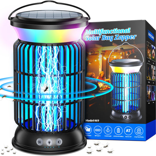 GTERT Solar Bug Zapper Outdoor, Electric Bug Zapper, 6000mAh Rechargeable Mosquito Zapper, Cordless Fly Zapper, 4 Modes Waterproof Insect Zapper for Home Garden Patio Backyard Camping