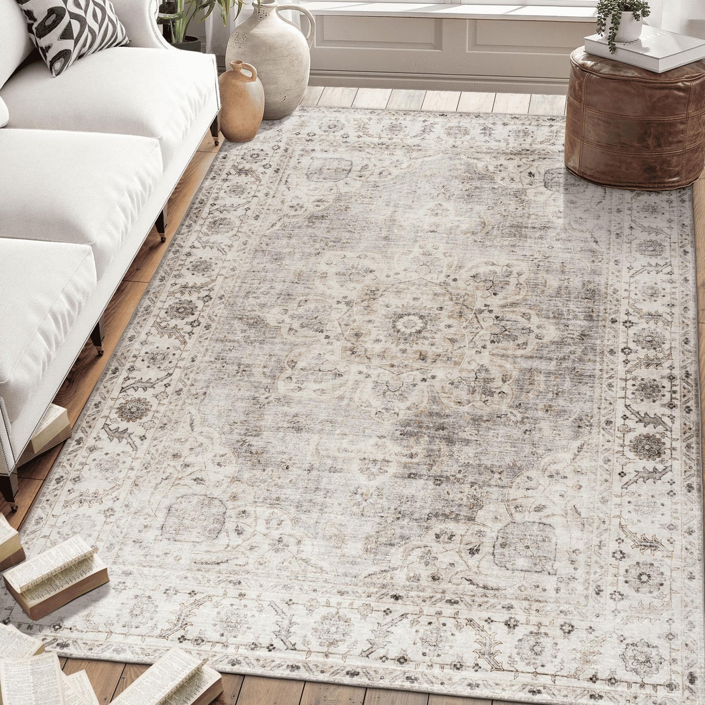 ReaLife Rugs Machine Washable Area Rug - Stain Resistant,Non-Shed - Eco-Friendly,Non-Slip, Family & Pet Friendly - Made from Premium Recycled Fiber - Vintage Bohemian Medallion - Beige Ivory, 4' x 6'