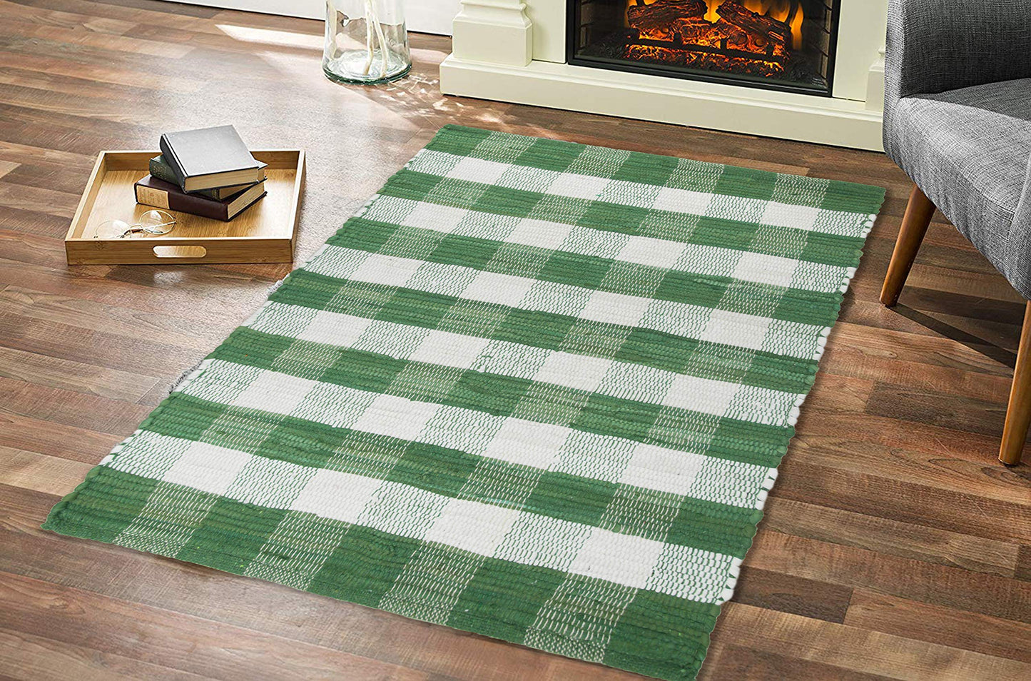 GLAMBURG Cotton Buffalo Check Plaid Rugs Washable, Handwoven Checkered Rug Welcome Door Mat 22x34 Rug for Kitchen Bathroom Outdoor Porch Laundry Living Room, Farmhouse Reversible Rag Rug Green White