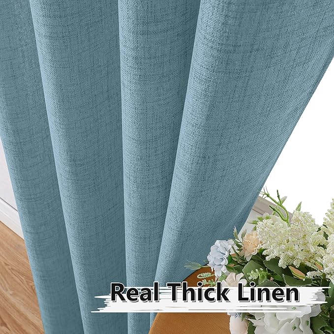 Tollpiz Short Linen Curtain Bedroom Rod Pocket Semi Sheer Curtains Burlap Light Filtering Thick Linen Drape for Living Room, 38 x 54 inches Long, Dusty Blue, Set of 2 Panels