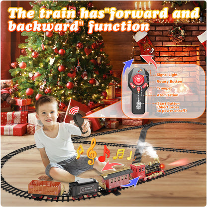 Hot Bee Christmas Tree Train Set with Remote Control and Luxury Track, Electric Train Set for Kids Adults, Train for Around the Christmas Tree, Steam Train Toy with Smoke