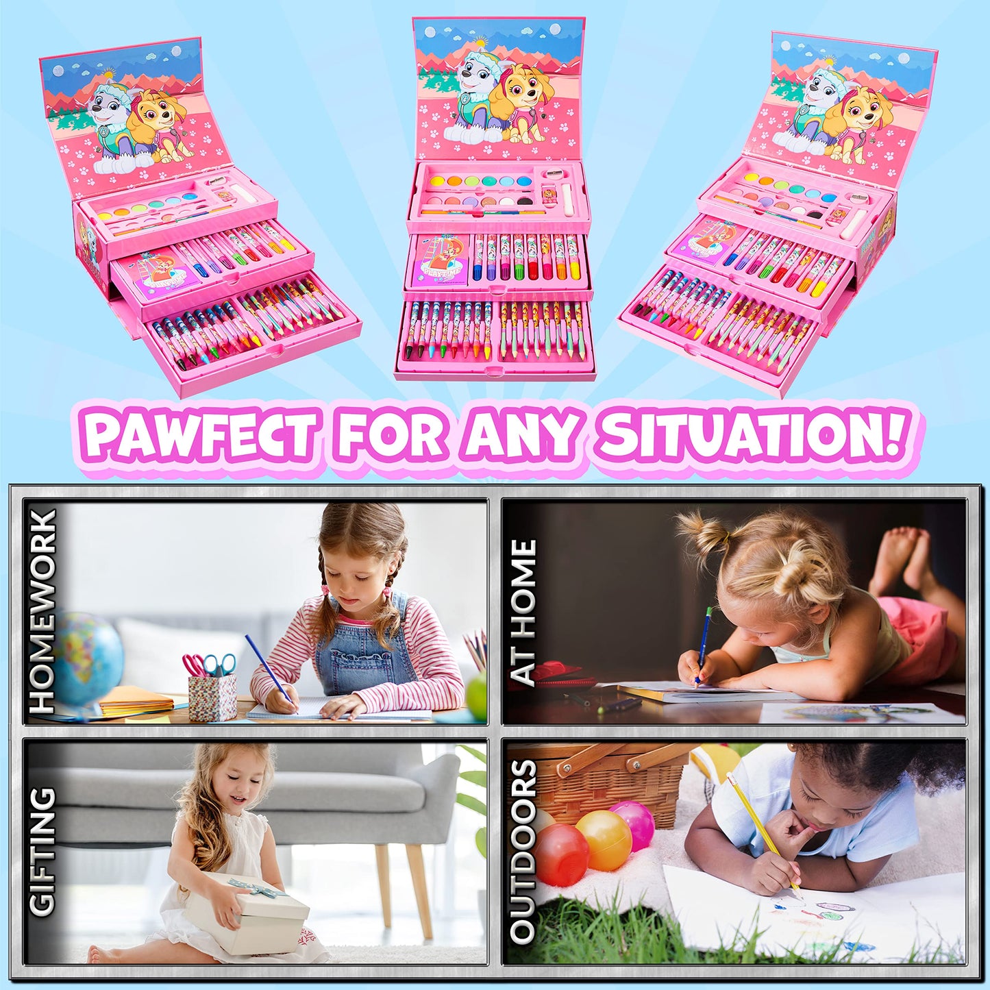 Paw Patrol Art Set Kids Colouring Pencils Felt Tip Pens Crayons Paints Stationery Crafts Boys Girls Art Supplies Preschool Travel 40 Plus Pcs Gift Set (Pink)