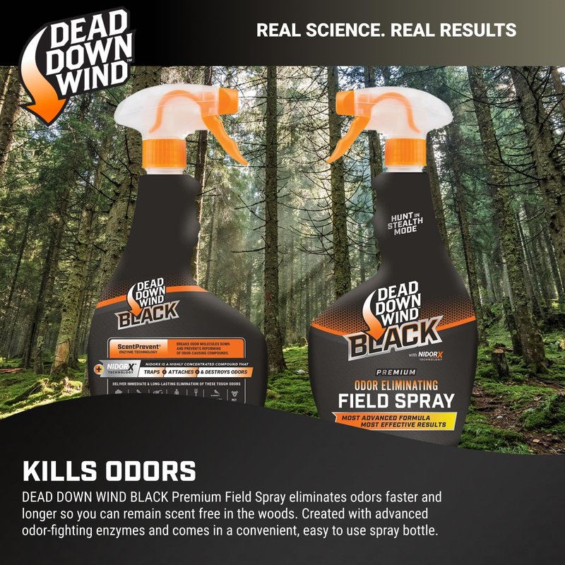 DEAD DOWN WIND Black Premium Field Spray Bottle - Odor Fighting Hunting Scent Control Spray - Safe for Sensitive Skin - Easy to Use for Hunting Gear & Clothing (12 oz)