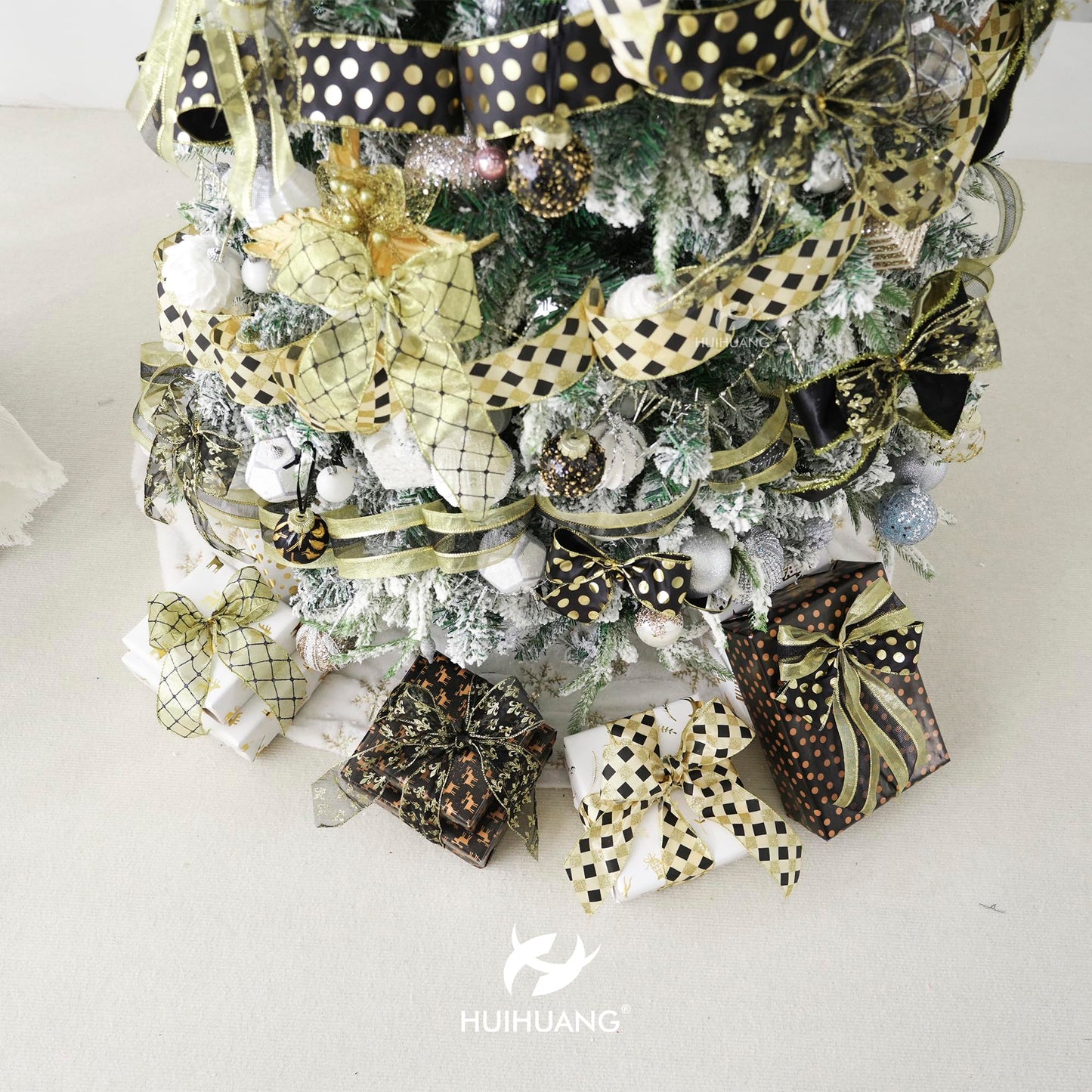 HUIHUANG Black Wired Ribbon for Christmas Tree Black and Gold Christmas Ribbons for Tree Decorations, Bows, Wreaths, Garland, Gift Wrapping, Crafts, Home Decor (2-1/2" x 6 Rolls, 36 Yds Total)