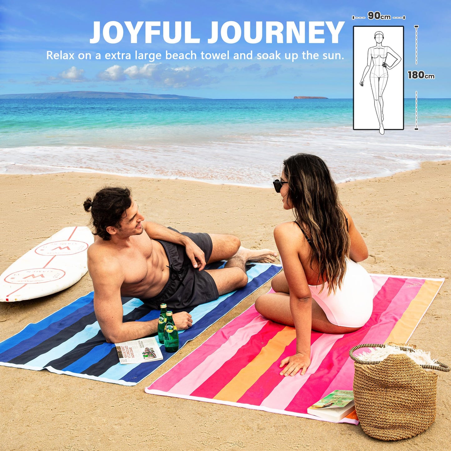 Winthome Beach Towel, Extra Large Microfibre Beach Towel for Adult, Double Sides Sand Free Quick Dry lightweight Travel Swimming Towel(Bule + Pink, 90×180cm - 2 pack)