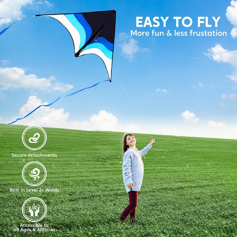 SYNCFUN Large Delta Kite Gradient Blue– Easy to Fly for Kids and Adults, Beach Kite with 328 ft String for Outdoor Games and Activities