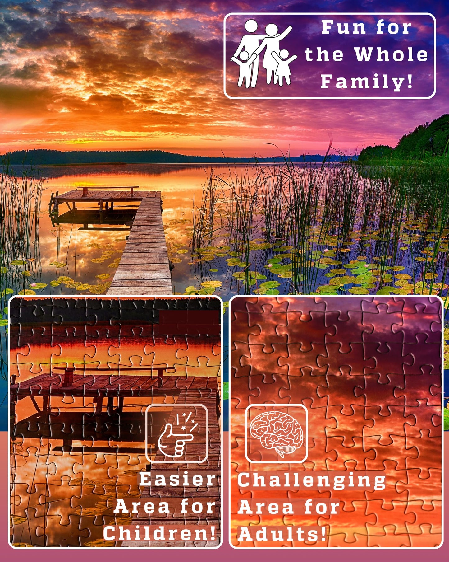 Puzzles for Adults 1000 Pieces – Ideal Gift for Loved Ones, Gift-Ready Box, Letters on Back, 8 Jigsaw Puzzle Saver Sheets & Full-Size Poster – Scenic Landscape Sunset with Dock & Lilies by GERJATO
